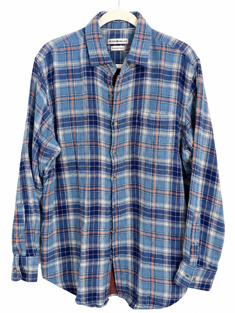 Peter Millar Mountainside Blue Plaid Flannel Shirt Men’s L 100% Cotton
